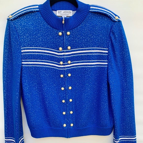 St John Vintage Santana Knit Jacket Women 12 Nautical Epaulette Military Cruise